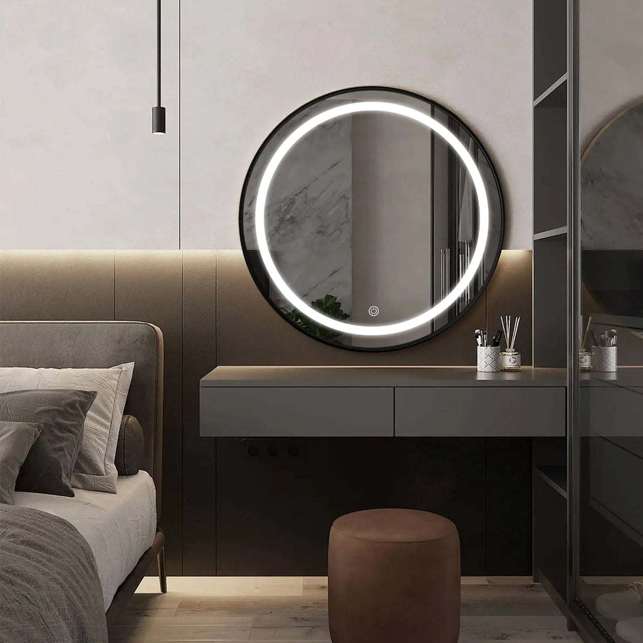 Black Round Wall Mirror With LED (5 Sizes)